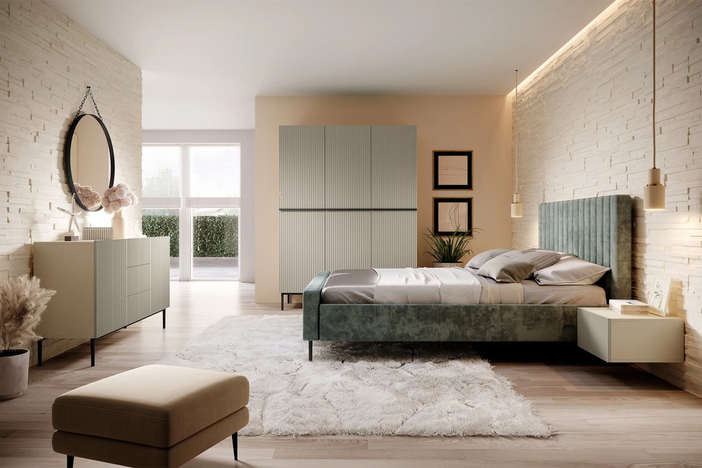 Komoda Nicole 150 cm so zásuvkami a ryhovaným čelom - kasmír / čierne nožičky