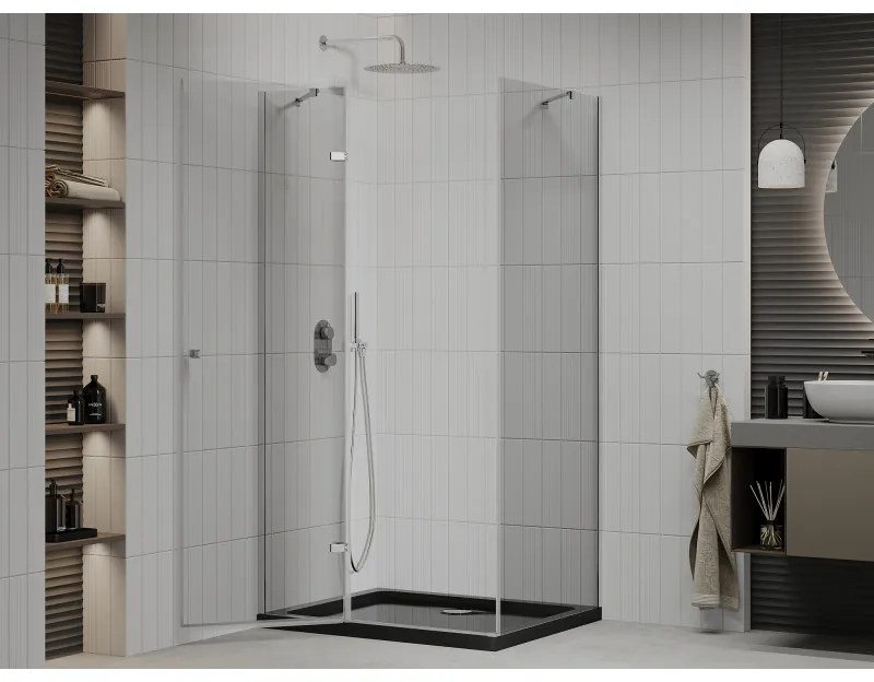 Mexen Roma, sprchový kút s krídlovými dverami 80 (dvere) x 120 (stena) cm, 6mm číre sklo, chrómový profil + slim sprchová vanička čierna + chrómový sifón, 854-080-120-01-00-4070