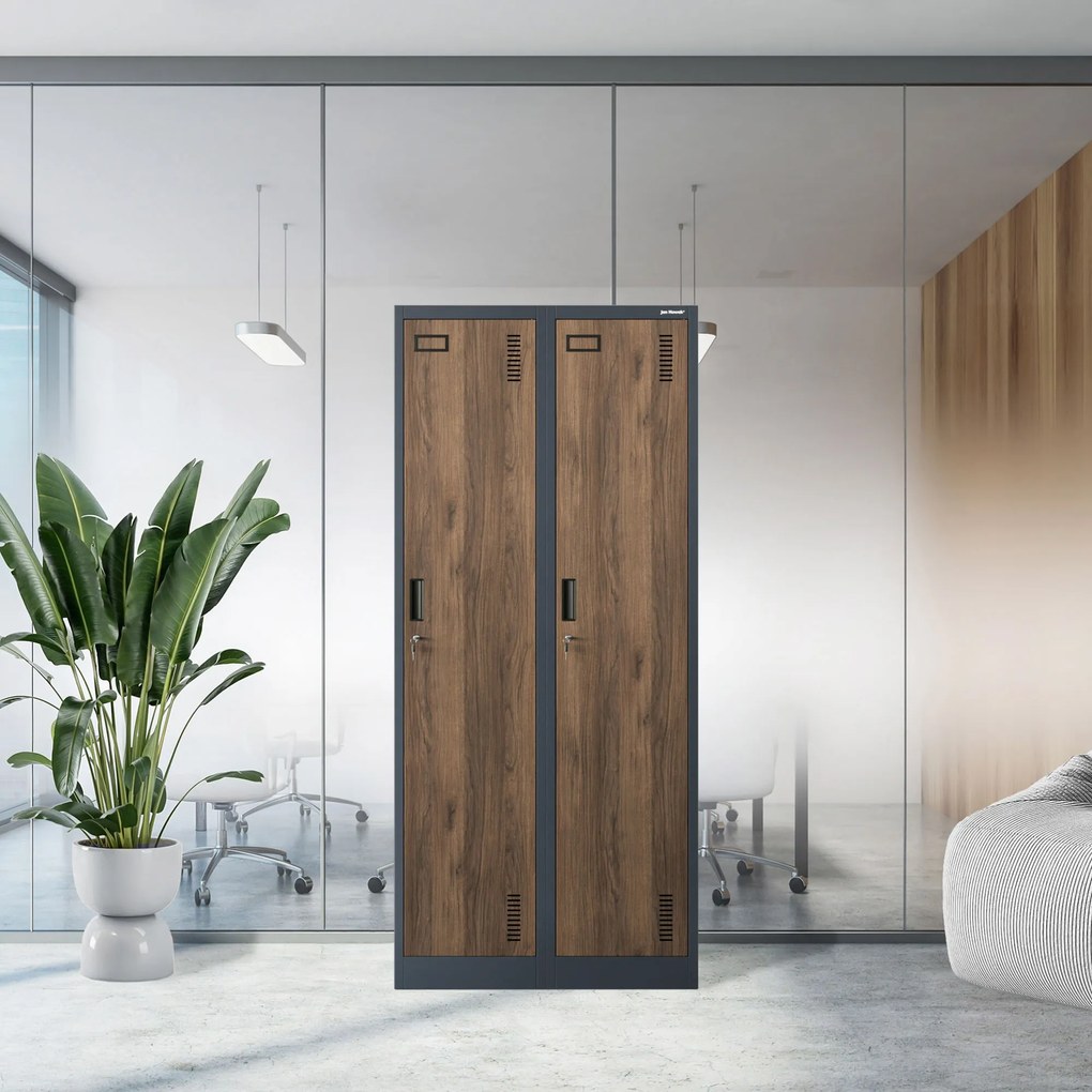 Kovová šatňová dvojmodulová skriňa na sokli s policou KACPER, 800 x 1800 x 500 mm, Eco Design: antracitová/ orech