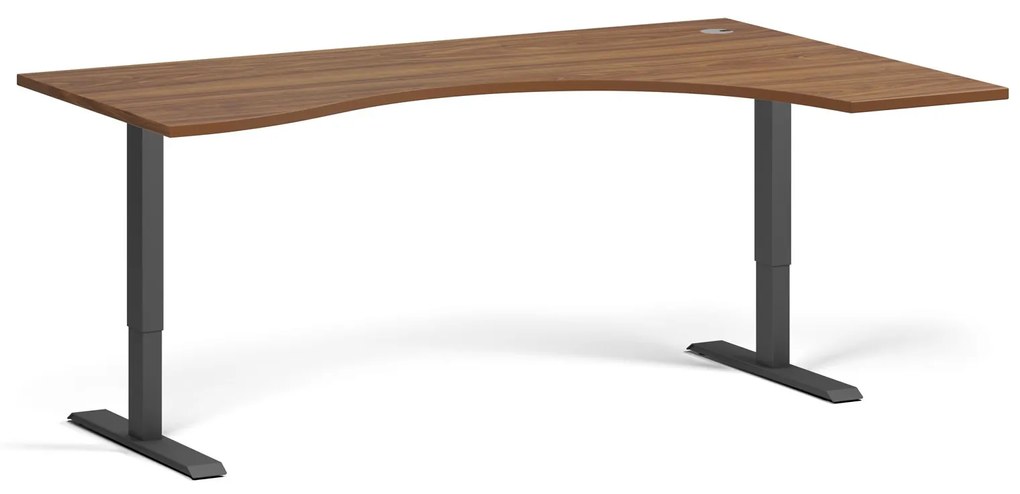 Ergonomický výškovo nastaviteľný stôl, 180x120 cm, 1 motor, L/P, čierna podnož, orech