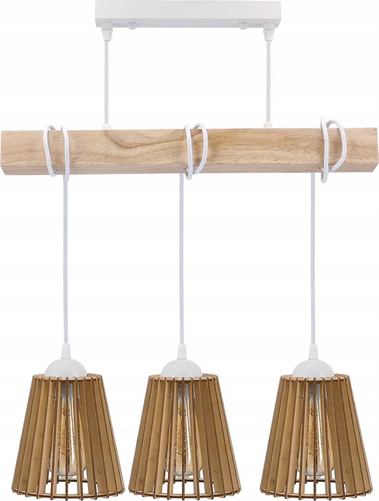 BERGE LED závesné stropné svietidlo biely drevený trám 3xE27 Drevený kužeľový luster