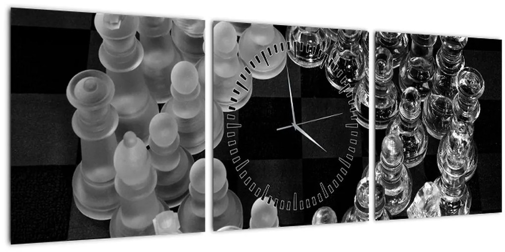 Obraz - čiernobiele šachy (s hodinami) (90x30 cm)