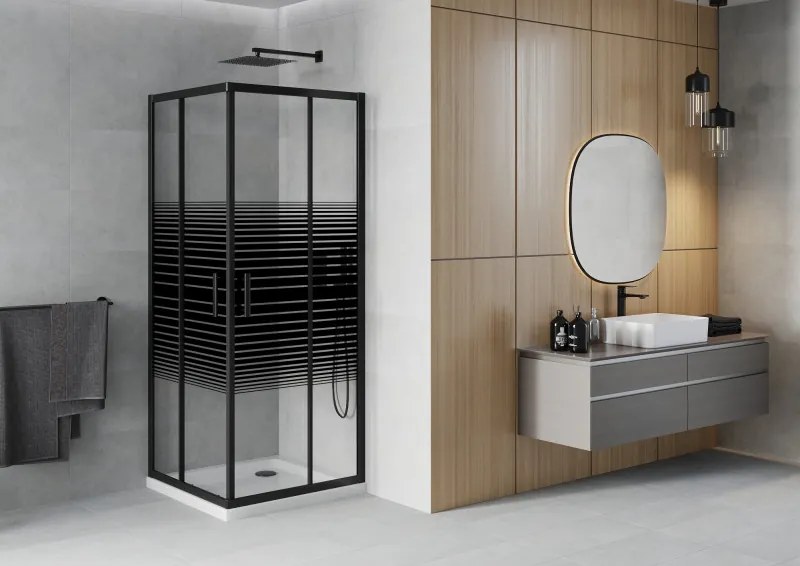 Mexen Rio, štvorcový sprchovací kút s posuvnými dverami 70(dvere) x 70(dvere) x 190 cm, 6mm číre sklo s pásikmi, čierny profil + biela sprchová vanička SLIM, 860-070-070-70-20-4010B