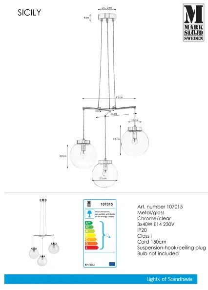 Markslöjd 107015 - Luster na lanku SICILY 3xE14/40W/230V