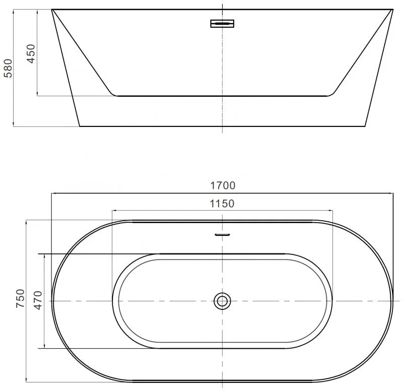 Mexen Luna, Slim voľne stojaca vaňa 170 x 75 cm, biela, chrómový prepad, 52041707500-01
