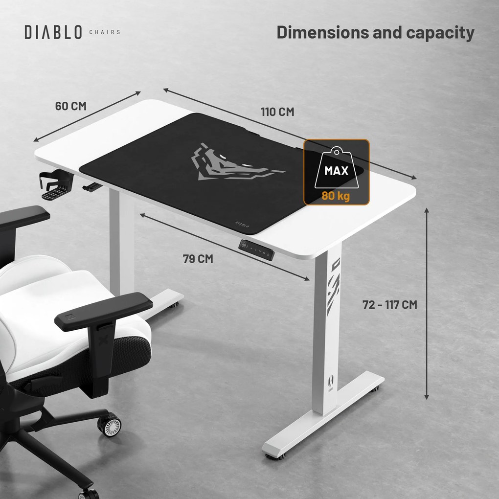 Výškovo nastaviteľný stôl Diablo X-Tensio 1100 biely