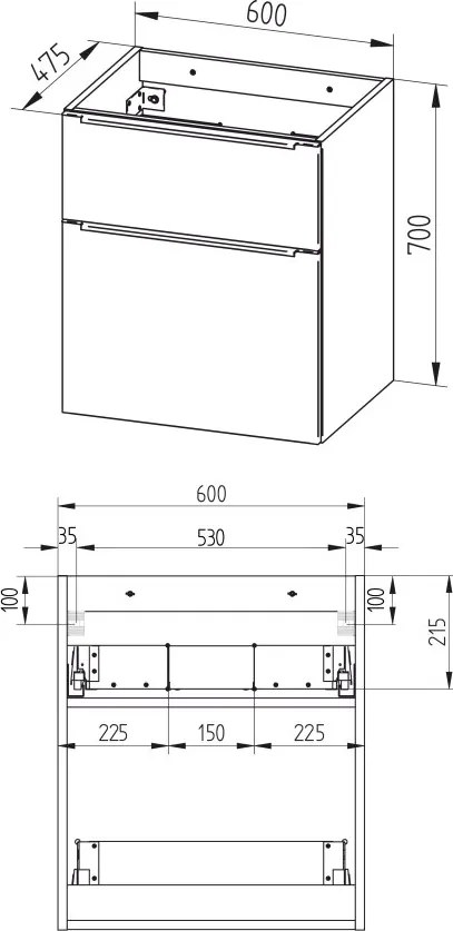 Mereo Mailo, kúpeľňová skrinka s keramickým umývadlom 61 cm, dub Riviera, elox AL madlo, MER-CN520A