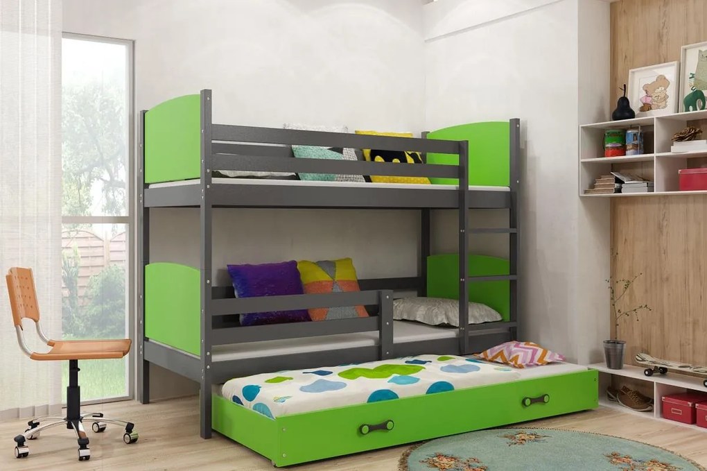 Poschodová posteľ s prístelkou TAMI 3 - 200x90cm - GRAFITOVÁ - ZELENÁ