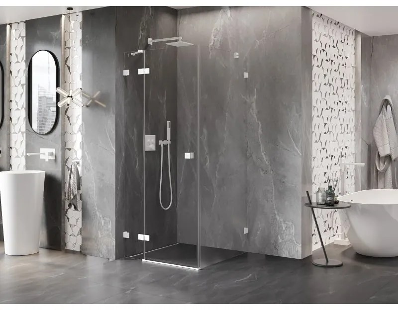 Mexen Lunar, výklopný sprchový kút ľavý 90 x 90 cm, 8mm číre sklo, biely profil, 834-090-090-20-00-L