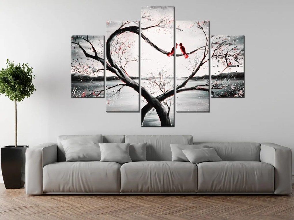 Gario Obraz s hodinami Vtáčia láska - 5 dielny Rozmery: 150 x 105 cm