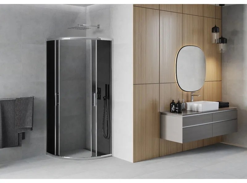 Mexen Rio, štvrťkruhový sprchovací kút s posuvnými dverami 70(dvere) x 70(dvere) x 190 cm, 6mm šedé sklo, chrómový profil, 863-070-070-01-40