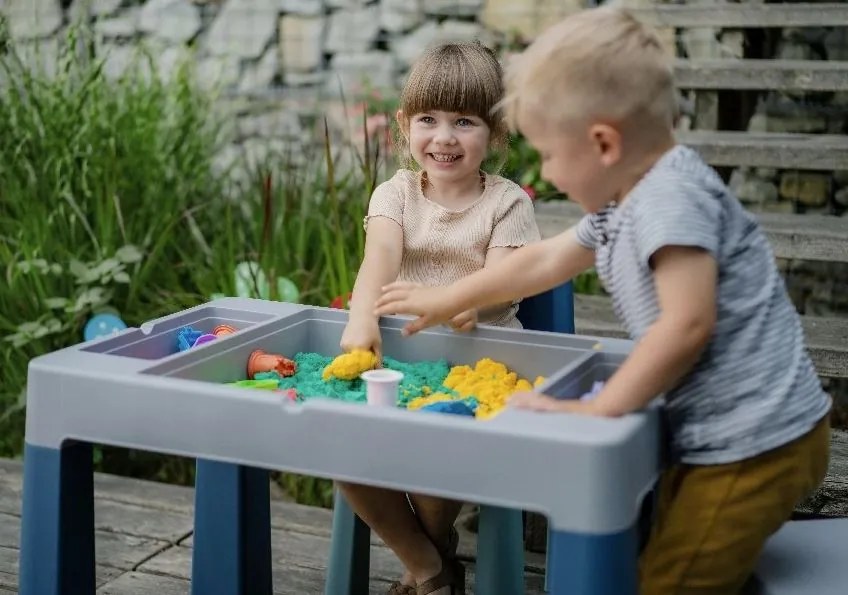 Detský stolček s dvoma stoličkami TEGGI MULTIFUN - tyrkysový/tmavo modrý/sivý