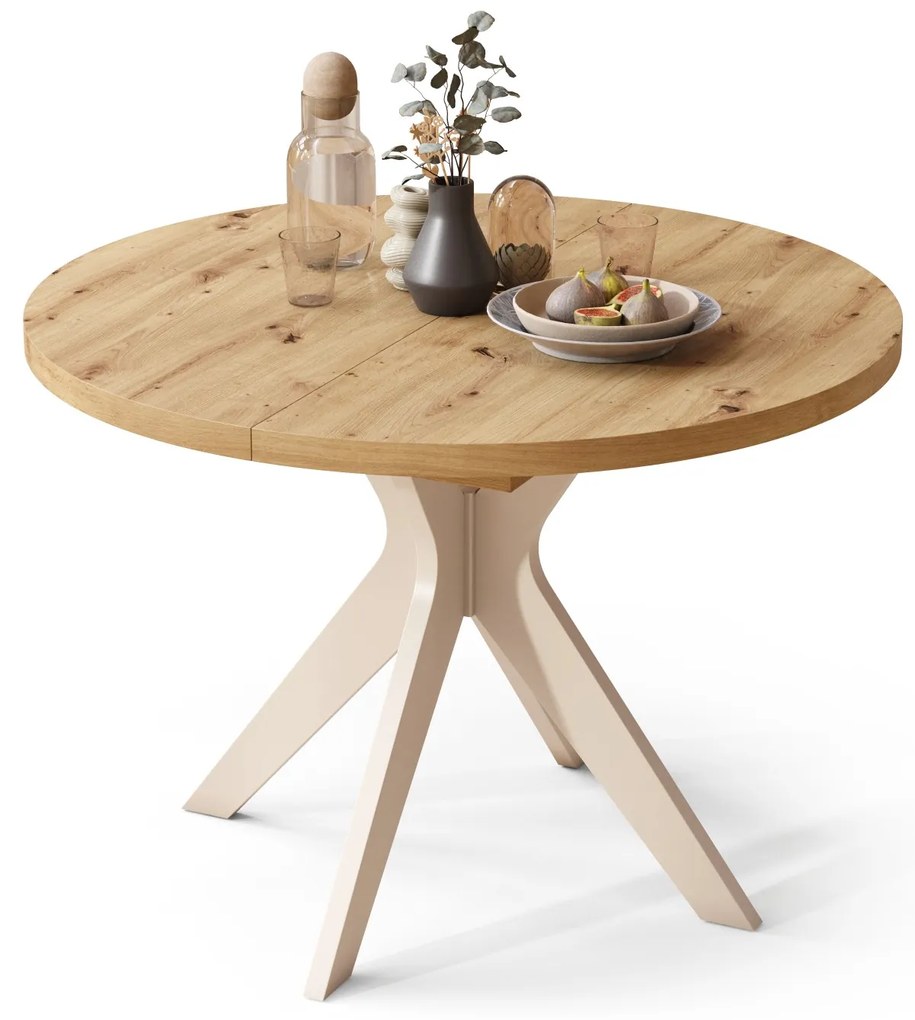 RENZO Dub Artisan/béžová noha (šampanské) - OKRÚHLY STÔL Ø110 ROZKLADACÍ DO 180 cm | DO KUCHYNE JEDÁLNE OBÝVAČKY RETRO