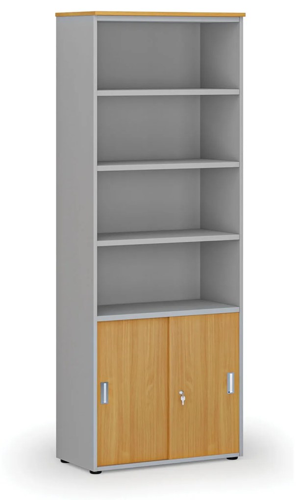 Kombinovaná kancelárska skriňa PRIMO GRAY, zasúvacie dvere na 2 poschodia, 2128 x 800 x 420 mm, sivá/buk