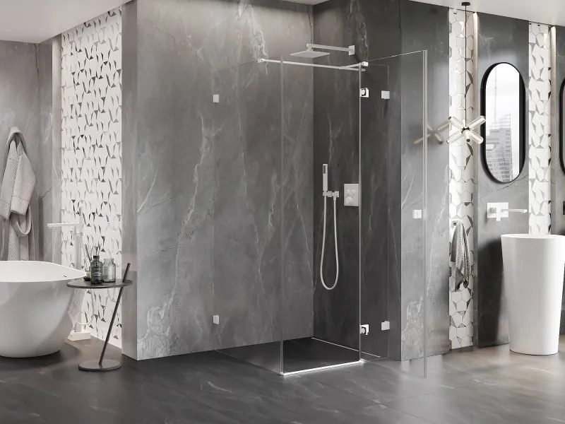 Mexen Lunar T, výklopný sprchový kút pravý 120 x 120 cm, 8mm číre sklo, biely profil, 834T-120-120-20-00-P