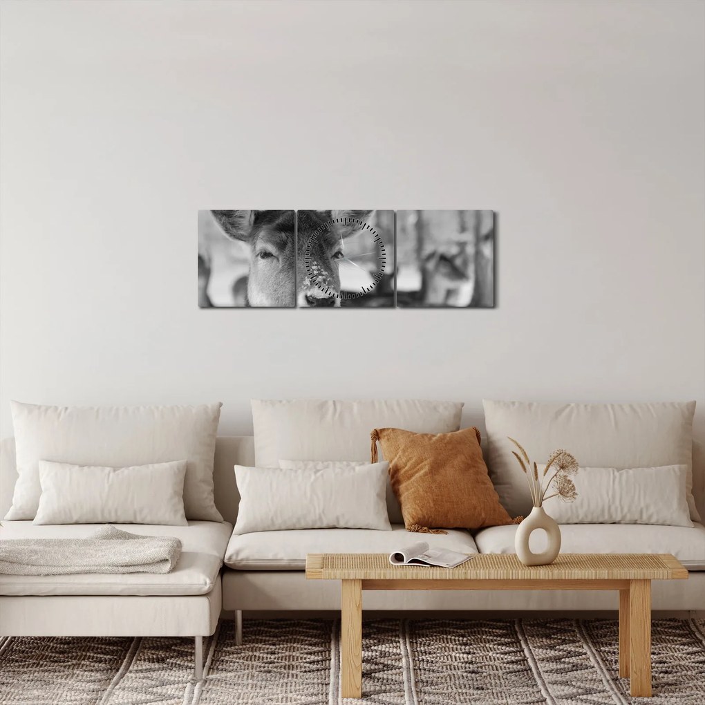 Obraz - Jelenča, čiernobiela (s hodinami) (90x30 cm)