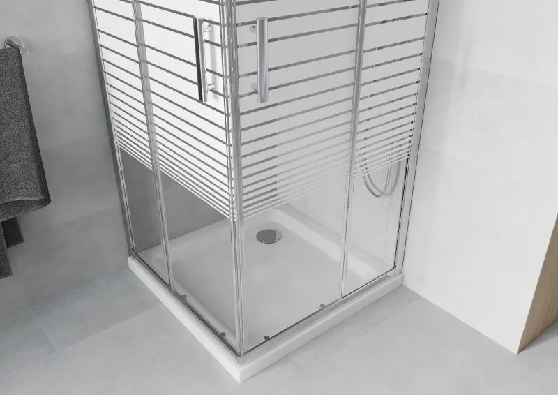 Mexen Rio štvorcový sprchový kút 90 x 90 cm, biele pásy, chróm + vanička Flat, biela - 860-090-090-01-20-4010