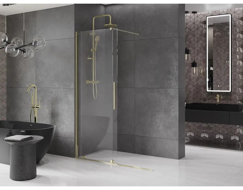 Mexen Velar, posuvné dvere do otvoru typ Walk-In 150 cm, 8mm číre sklo, zlatá lesklá, 871-150-000-03-50