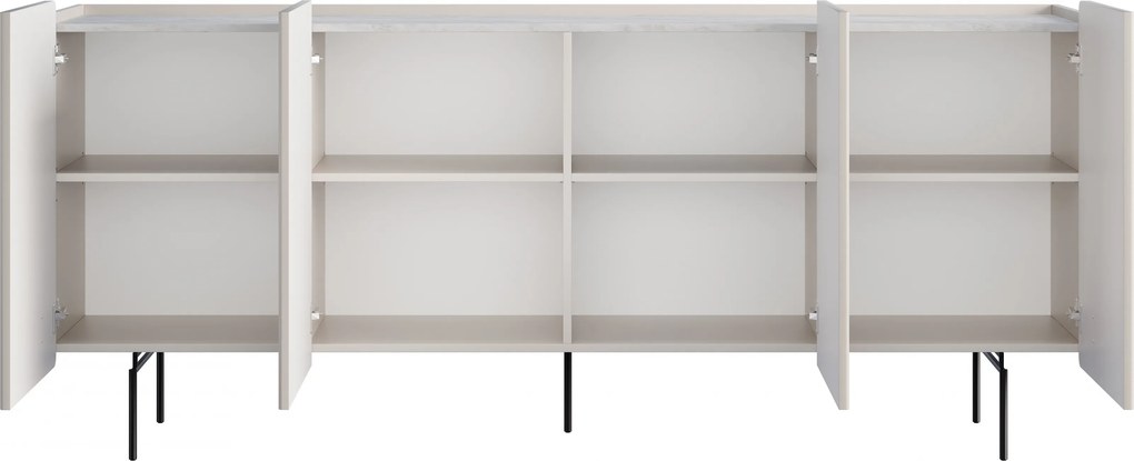 Komoda Malmi 200 cm štvordverová - kašmír / crema bianca / čierne nožičky