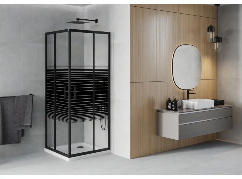 Mexen Rio, štvorcový sprchovací kút s posuvnými dverami 80(dvere) x 80(dvere) x 190 cm, 6mm číre sklo s pásikmi, čierny profil + biela sprchová vanička SLIM, 860-080-080-70-20-4010B