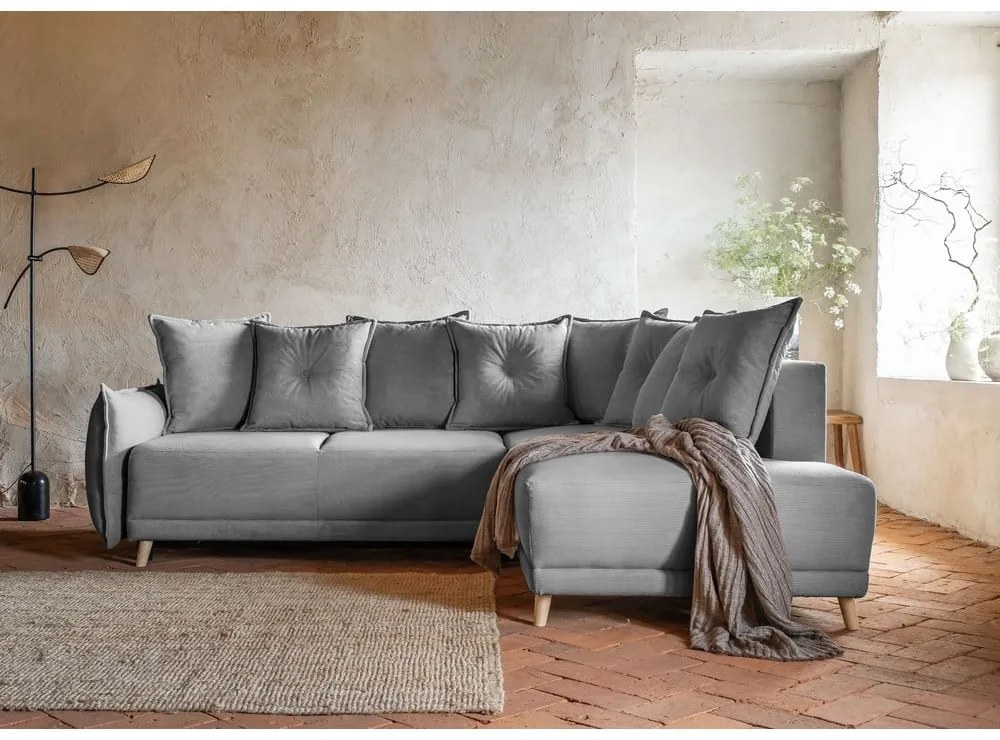 Sivá menčestrová rozkladacia rohová pohovka (pravý roh) Lazy Lukka – Miuform