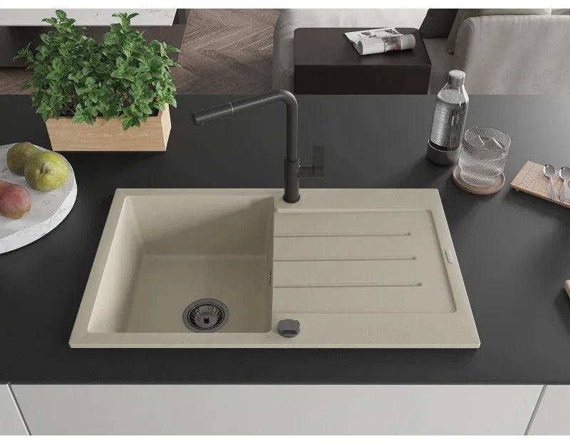 Mexen Bruno, 1-komorový granitový drez 795x495x200 mm a drezová batéria Flora, béžová, 6513-69-670401-70-B
