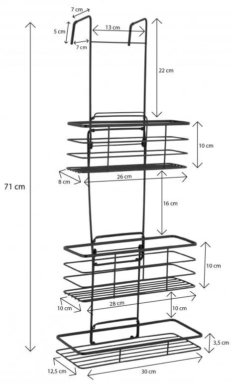 Erga Rafek, trojitá kúpeľňová polička do sprchy na zavesenie 30x12,5x71 cm, čierna matná, ERG-YKA-CH.RAFEK-BLK