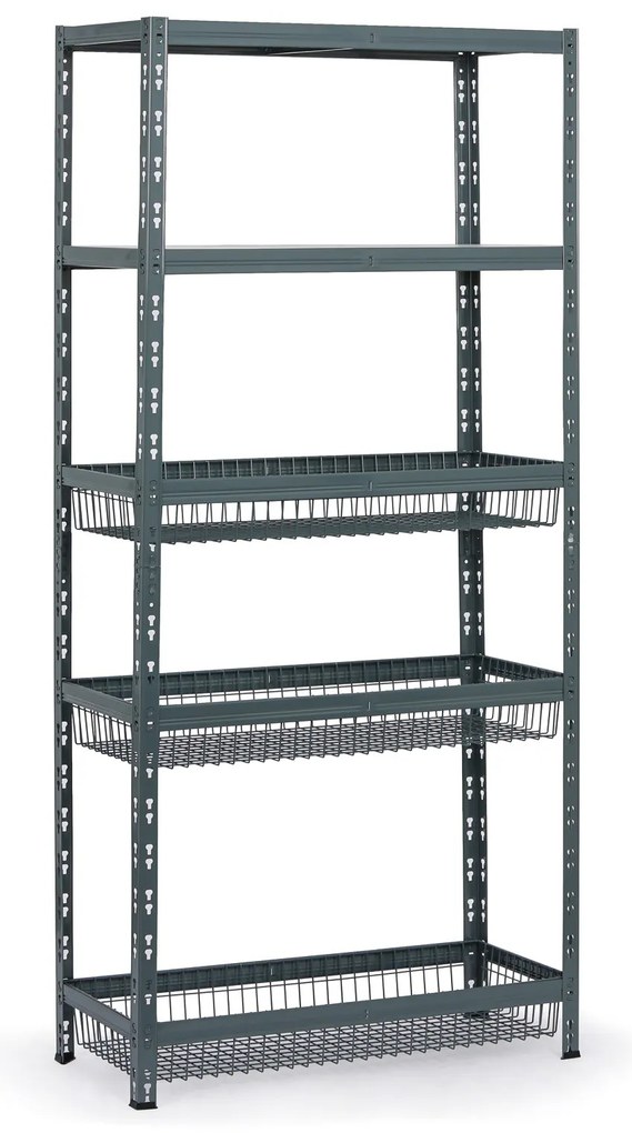 Policový regál s košmi, 1954 x 900 x 400 mm, nosnosť 175 kg, 2 police + 3 koše