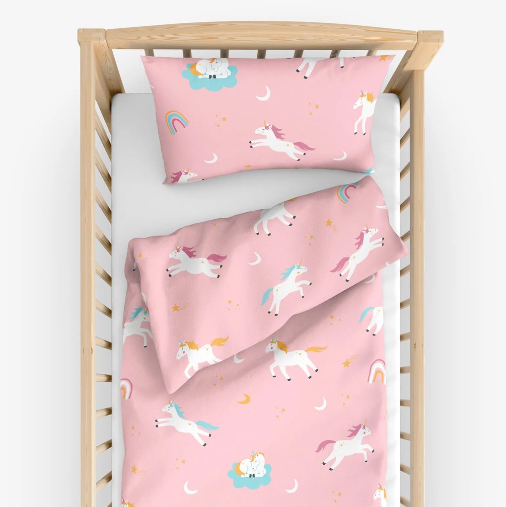 Goldea detské bavlnené obliečky do postieľky - veselí jednorožci 90 x 130 a 40 x 60 cm