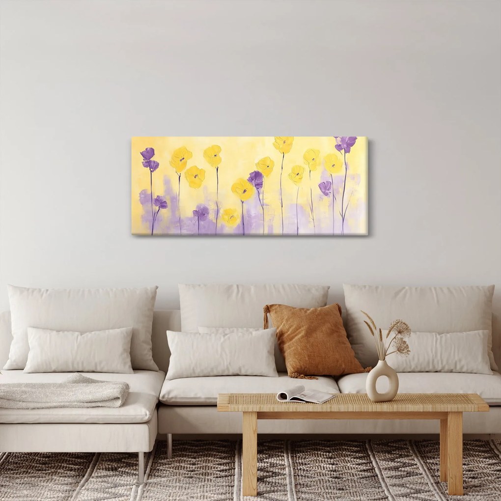 Obraz - Fialové a žlté kvietky (120x50 cm)