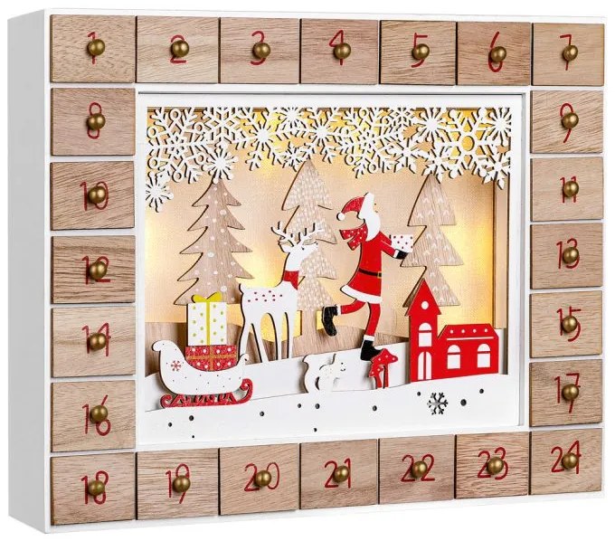 Spielwerk Drevený adventný kalendár SANTA CLAUS s osvetlením, 35x6x27cm, biela/hnedá