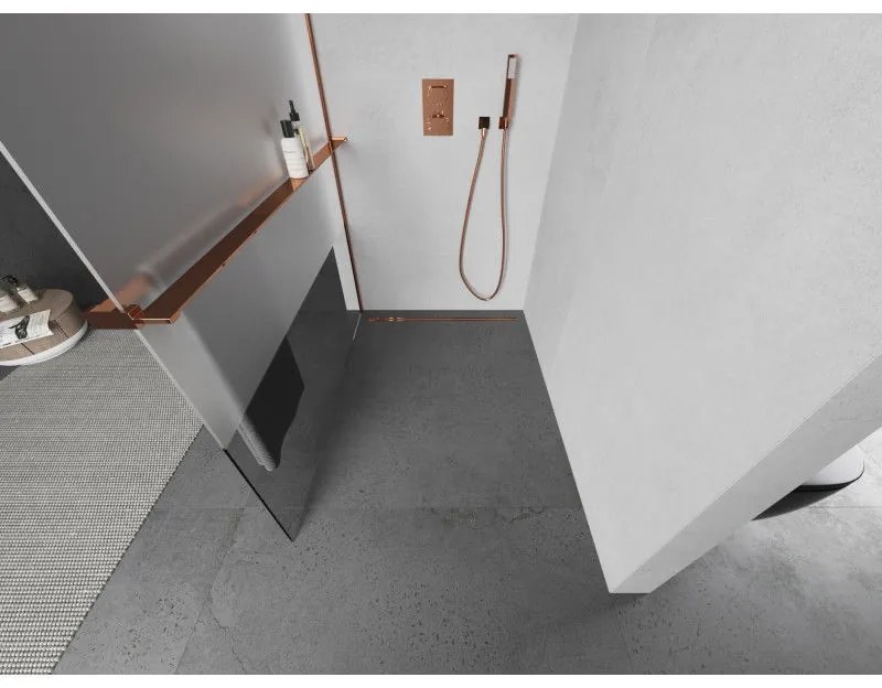 Mexen Kioto, sprchová zástena s poličkou a držiakom na uteráky 90 x 200 cm, 8mm číre sklo - námraza, profil ružové zlato, 800-090-121-60-35