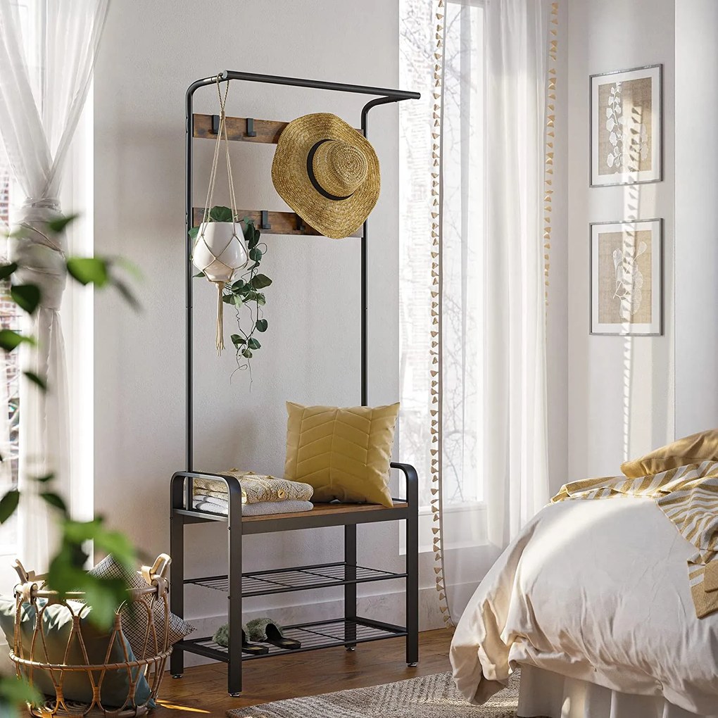 Stojan na kabáty s 9 háčikmi a botníkom, predsieňová stena, rustikálna hnedá