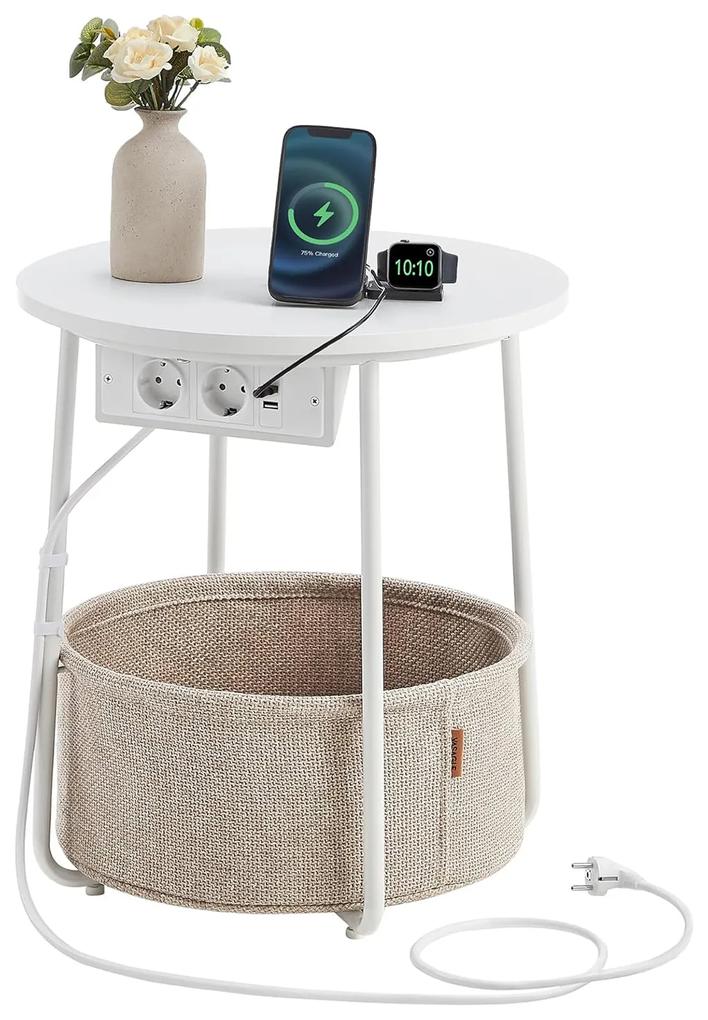 Okrúhly príručný stolík s nabíjacou stanicou, malý stolík so zásuvkou, matná biela a béžová farba