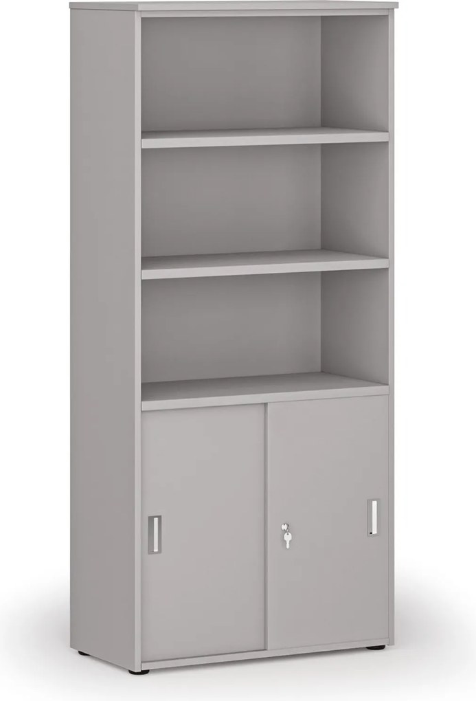 Kombinovaná kancelárska skriňa PRIMO GRAY, zasúvacie dvere na 2 poschodia, 800 x 420 x 1781 mm, sivá