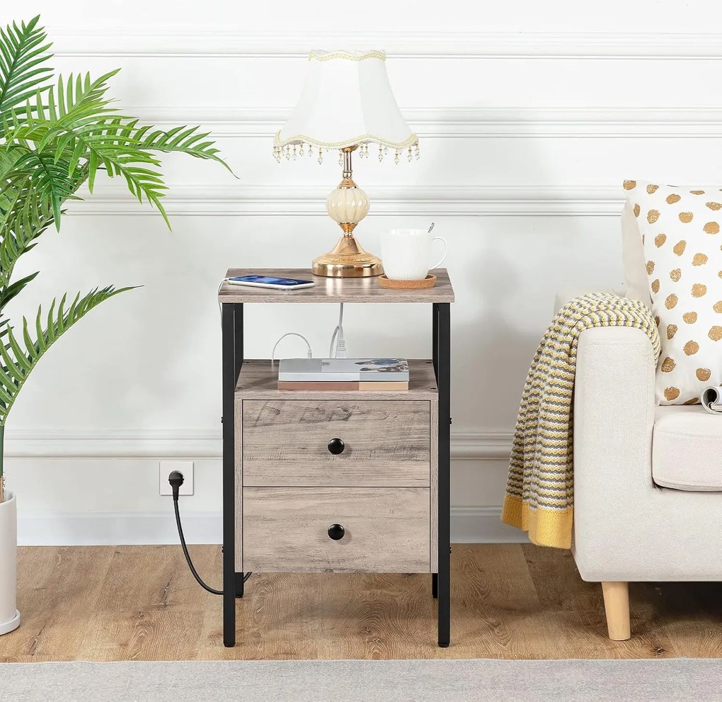 Nočný stolík Vasagle Jungo 40 cm s nabíjacou stanicou sivý/čierny