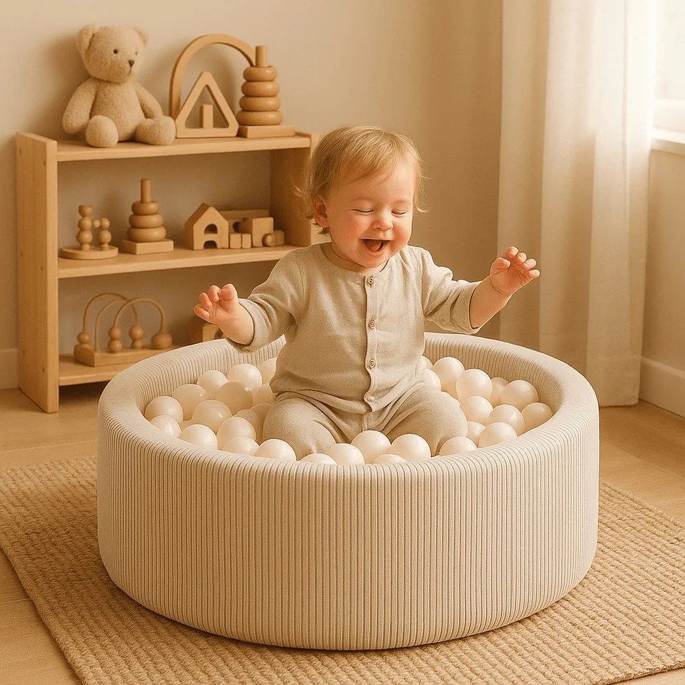 Krémový menčestrový bazénik s loptičkami ø 90x30 cm Montessori – Meowbaby