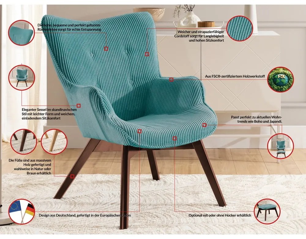 Tyrkysové menčestrové kreslo s podnožkou Niko – Ropez