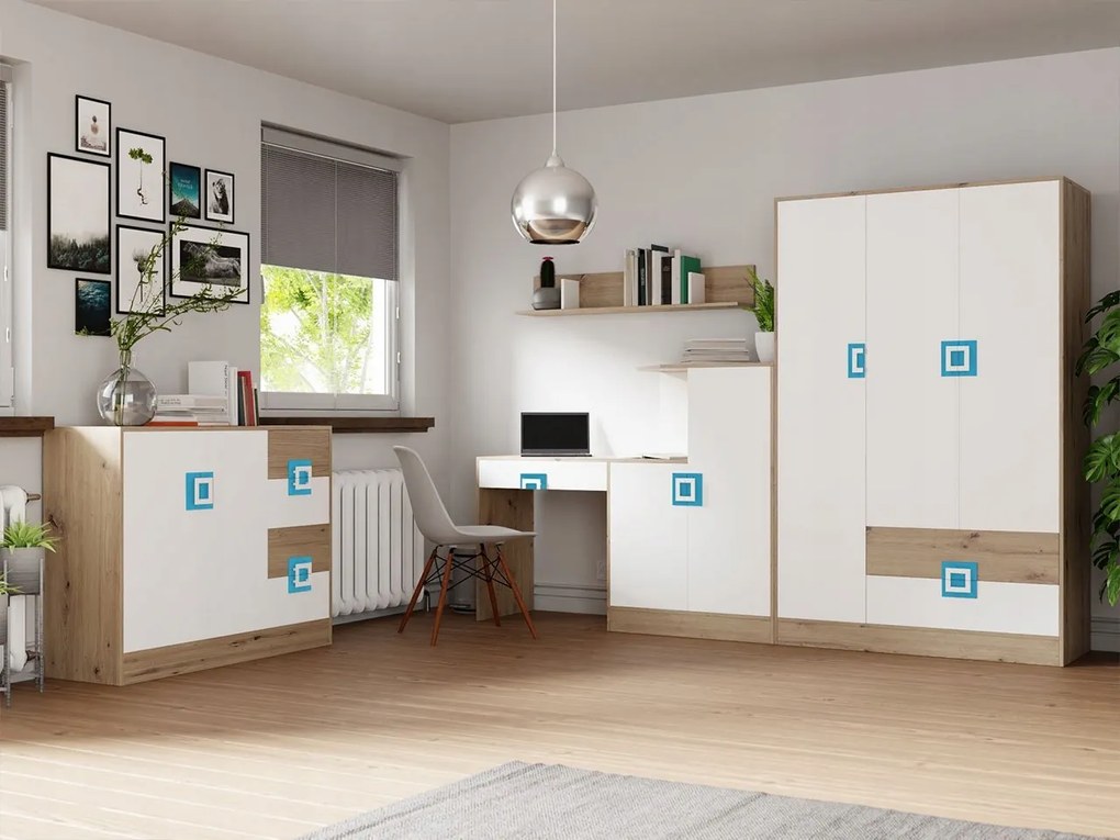 Nábytok do študentskej izby Monella VI (dub svetlý biela tyrkysová)