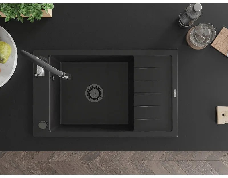Mexen Elias, 1-komorový granitový drez 795x480x200 mm a drezová batéria Aster, čierna, 6511-77-73450-07-B