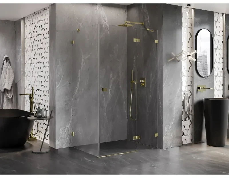 Mexen Lunar, pravostranný výklopný sprchový kút 85 x 70 cm, 8mm číre sklo, zlatý profil, 834-085-070-50-00-P