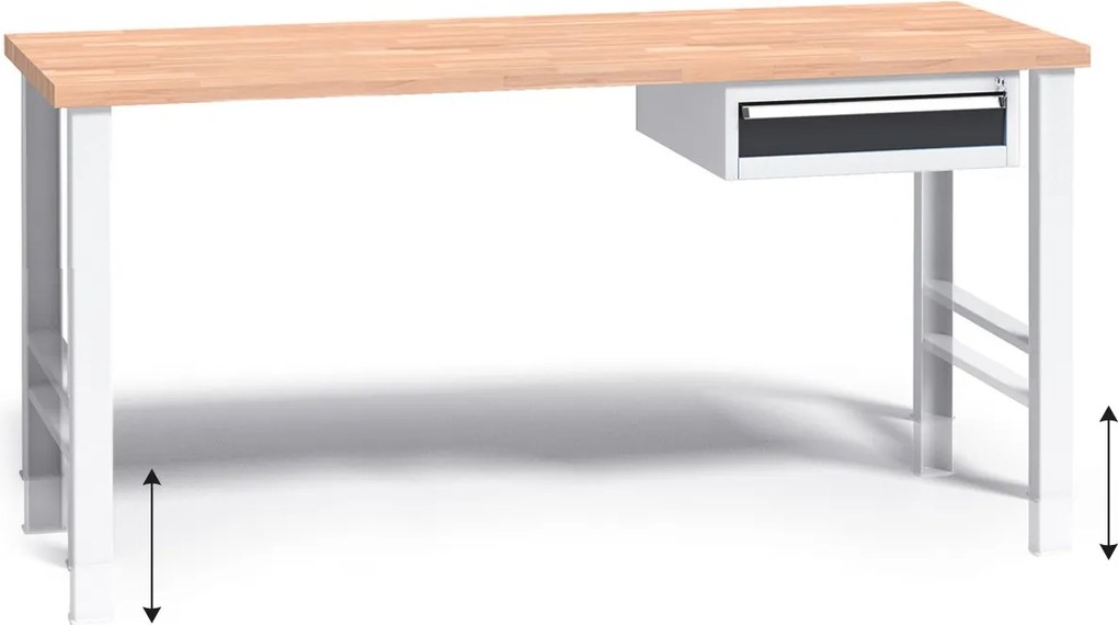 Výškovo nastaviteľný pracovný stôl do dielne G3 so závesným boxom na náradie, buková škárovka, 1 zásuvka, 1700 x 685 x 840 - 1050 mm, grafit