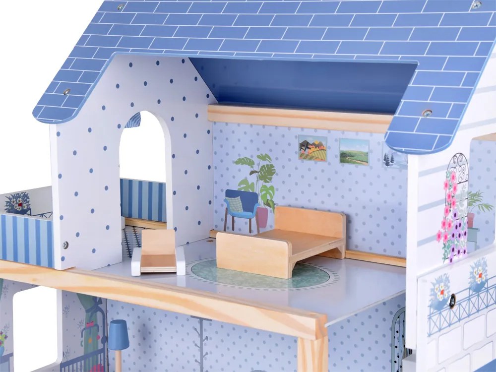 Drevený modrý domček pre bábiky + nábytok+ terasa Jokomisiada ZA5273