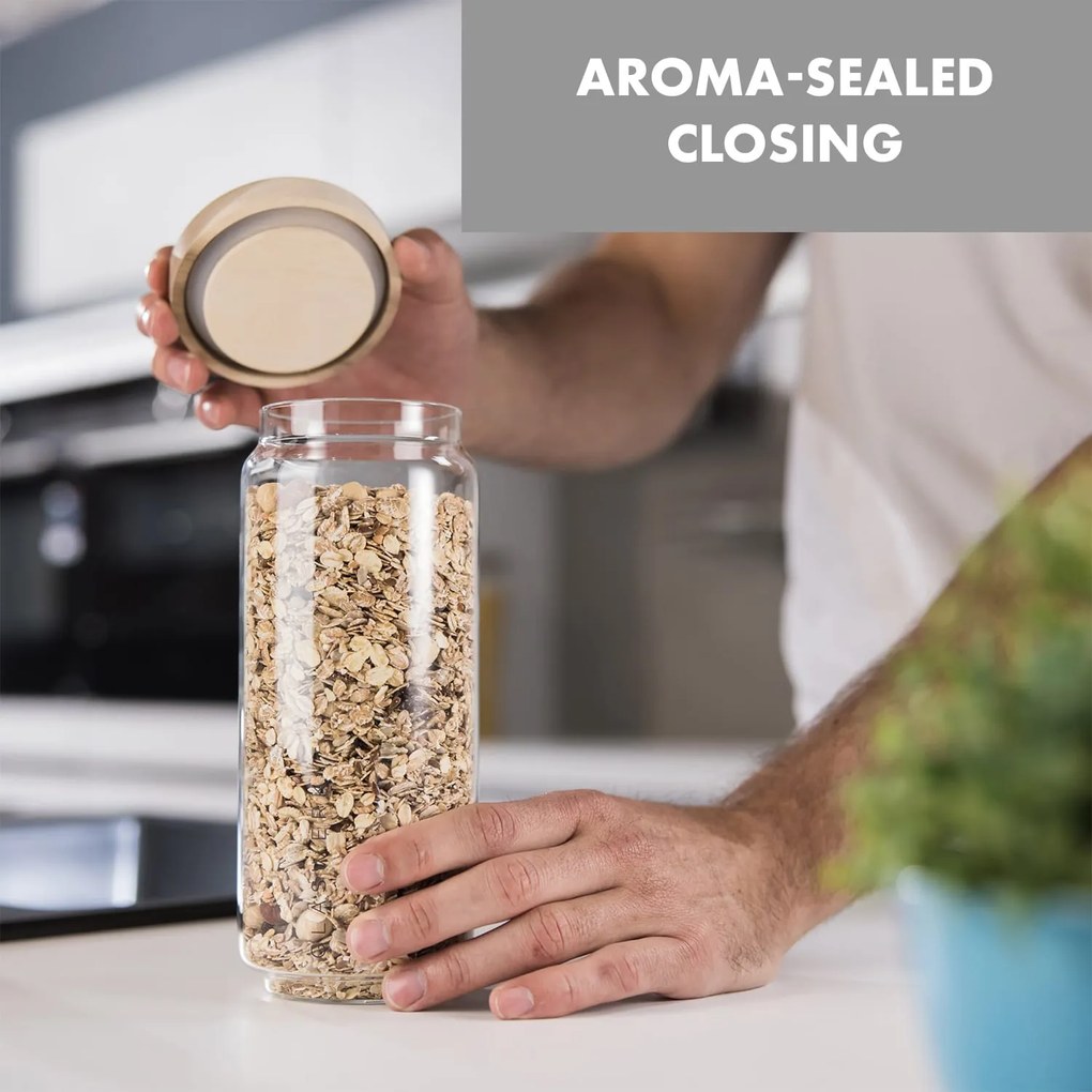 Klarstein Lovage, skladovacie dózy, 0,75, 1,1, 1,5 l, 3 dielna súprava, borosilikátové sklo, veko z akáciového dreva, silikón