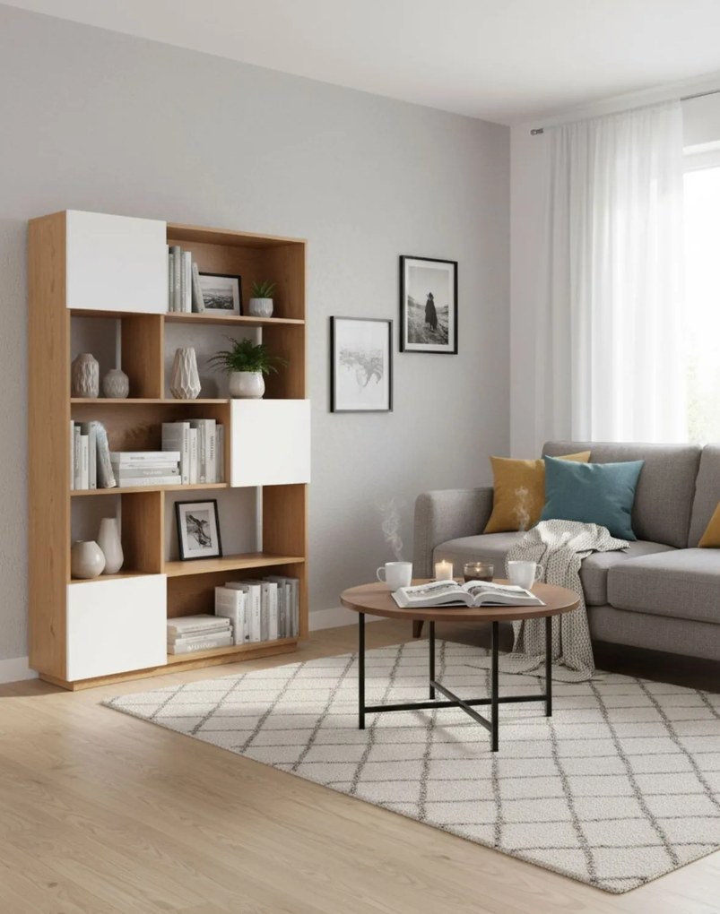 Knižnica Nevada, prírodný dub s bielymi dvierkami, 110 cm (BS02)