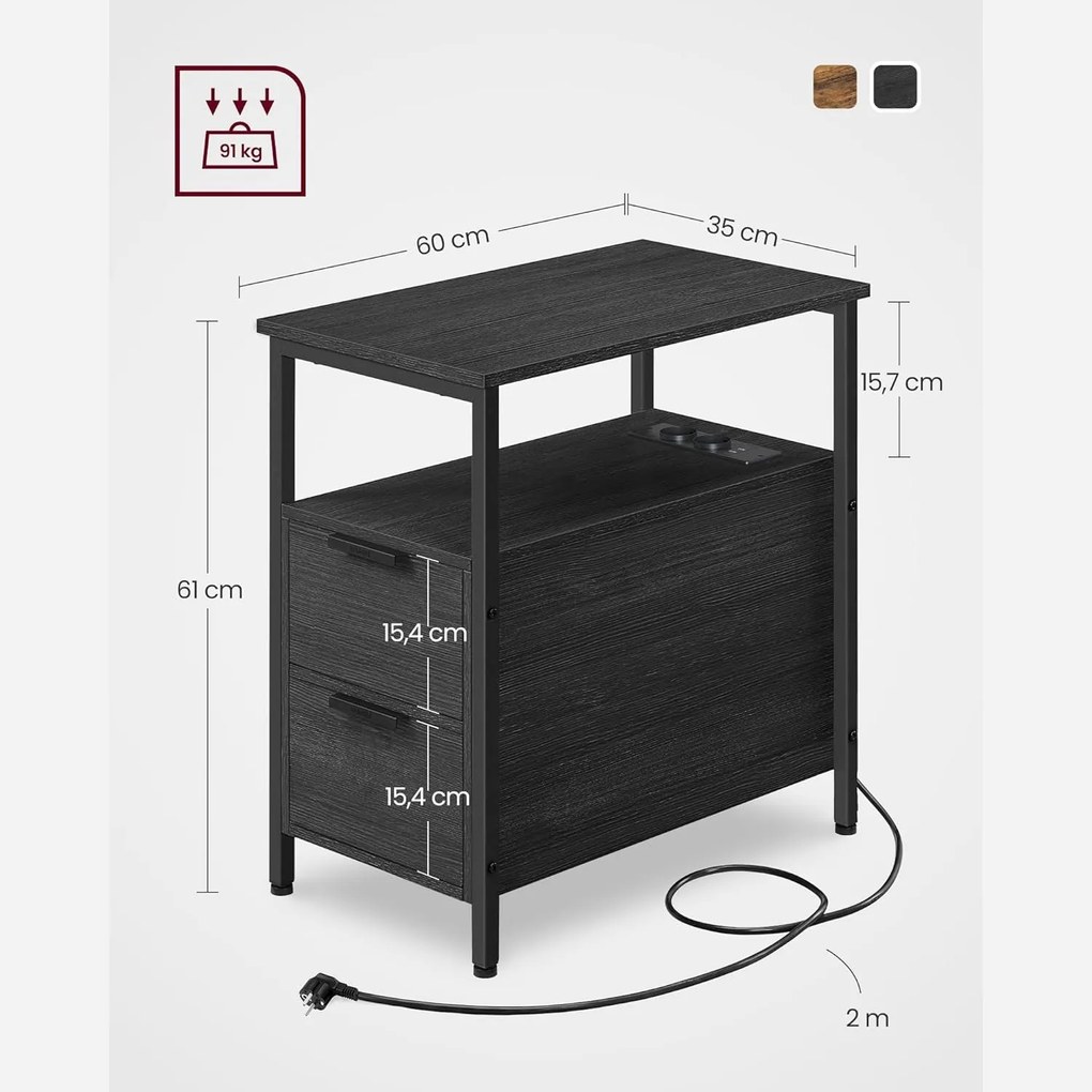 Príručný stolík, nočný stolík s káblom, 2 zásuvky, antracitovo sivý