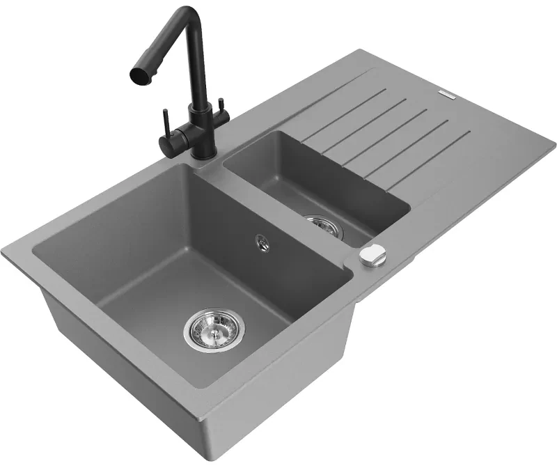 Mexen Matias, granitový drez 900x505x200 mm, 1,5-komorový a čierna batéria Duero, šedá, 6502-71-671600-70