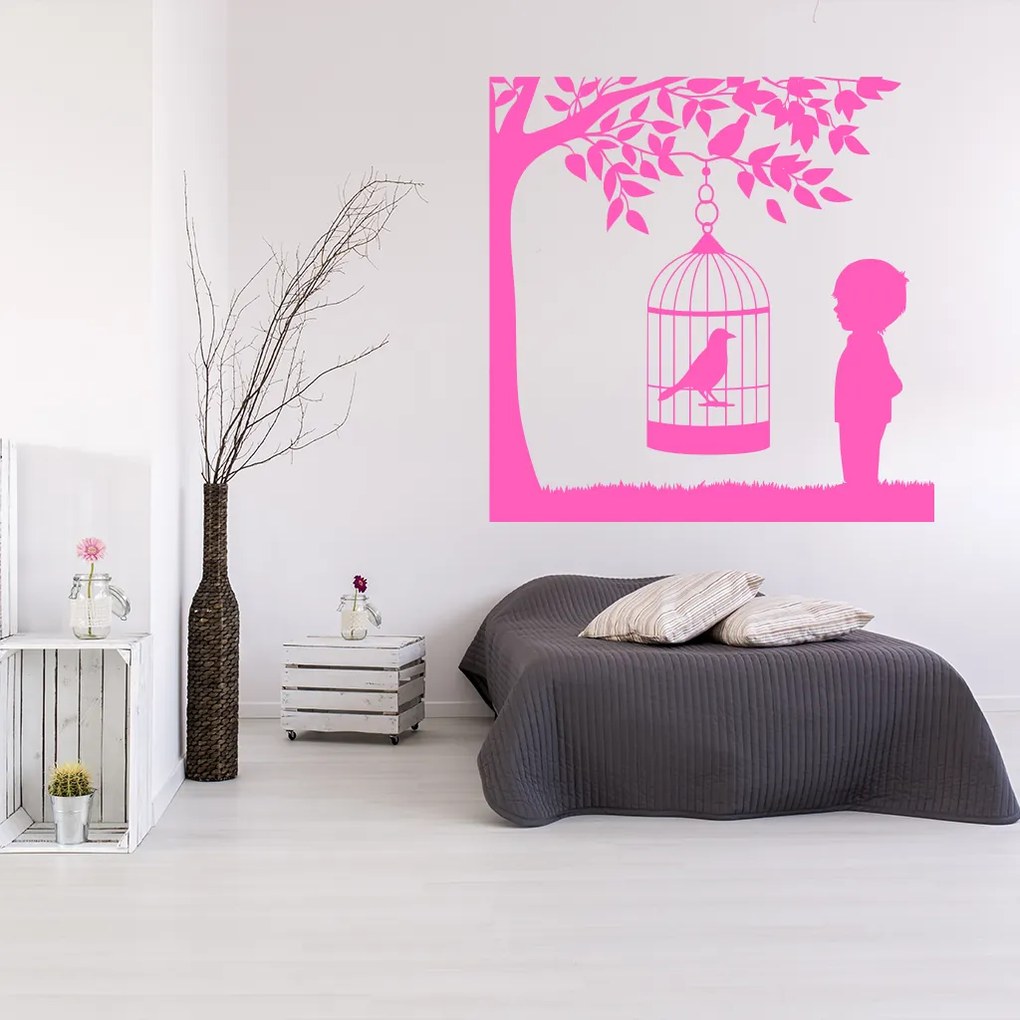 Veselá Stena Samolepka Vtáčik v klietke na strome Farba: béžová, Veľkosť: 100 x 100 cm