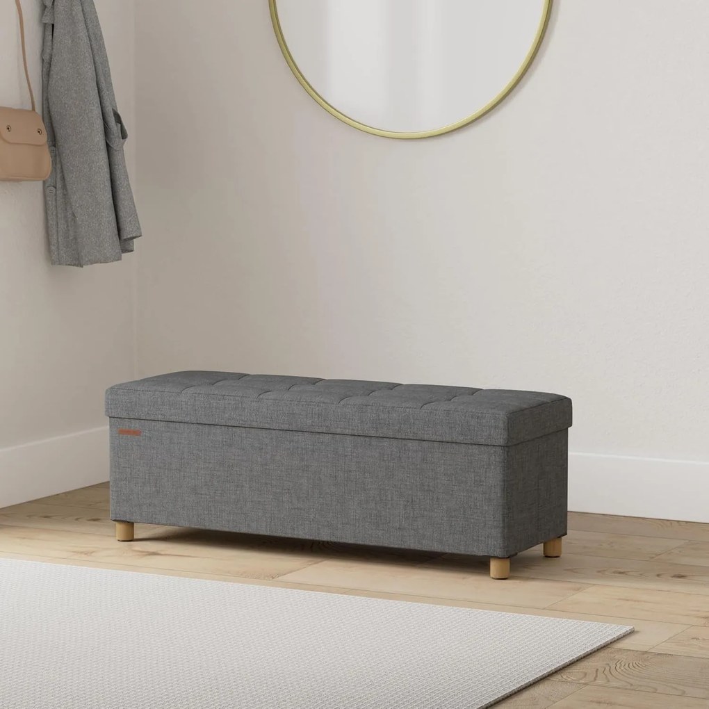 Taburetka s úložným priestorom, Skladacia lavica s nohami, 38 x 110 x 40 cm, sivá