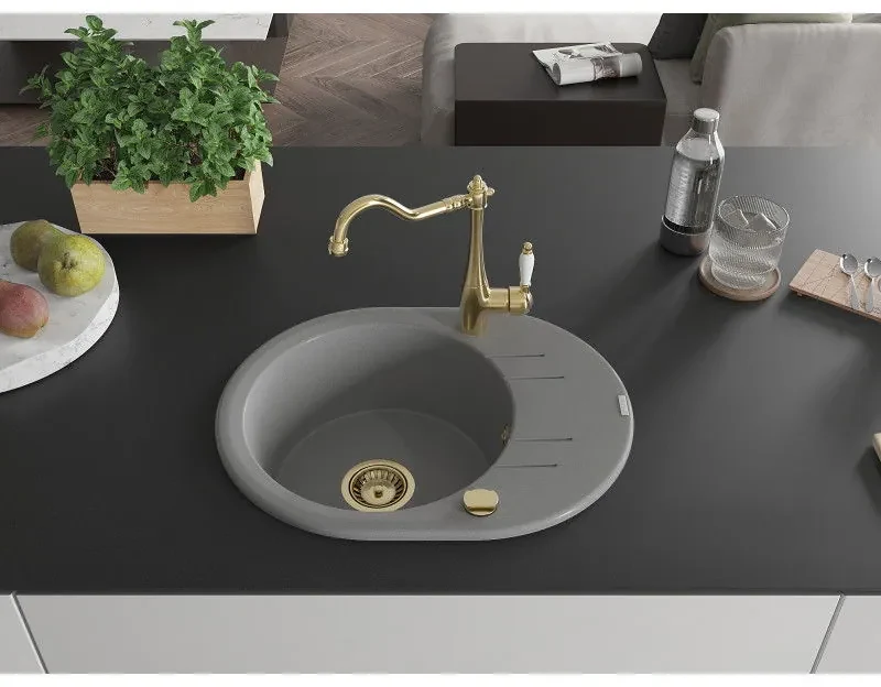 Mexen Kevin, drez granitový 586x458x190 mm, 1-komorový a drezová batéria Carla, šedá, 6517-71-670700-50